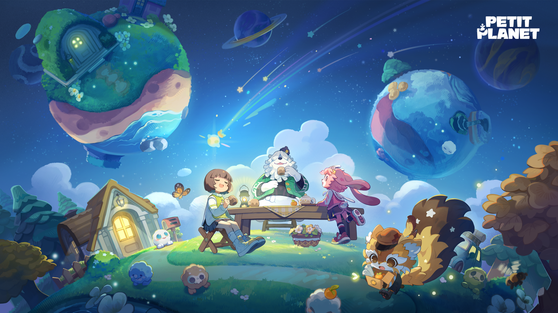 Petit Planet key art showing a cozy picnic on a small planet